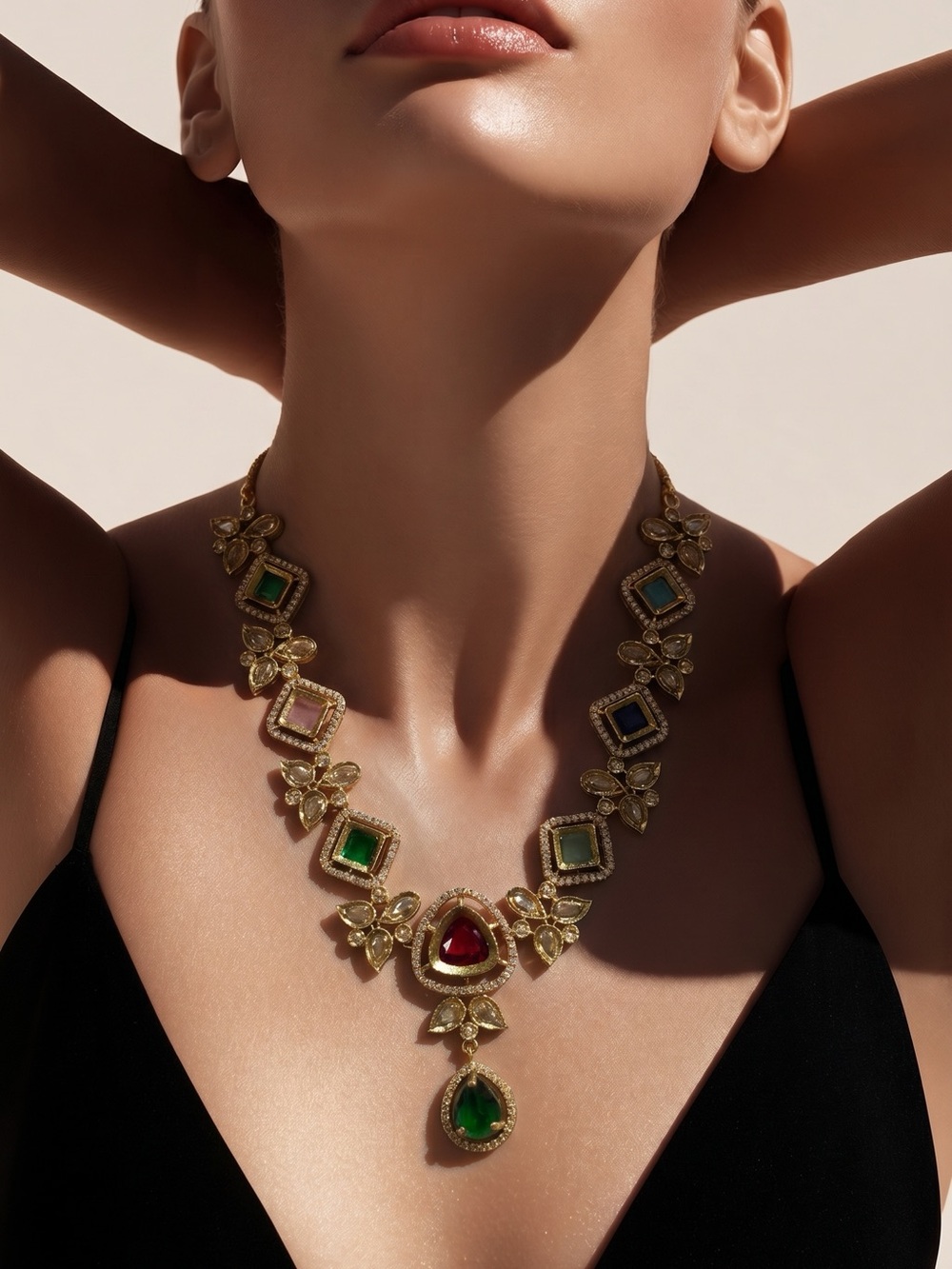Elegant Gold Multi-Gem Statement Necklace set
